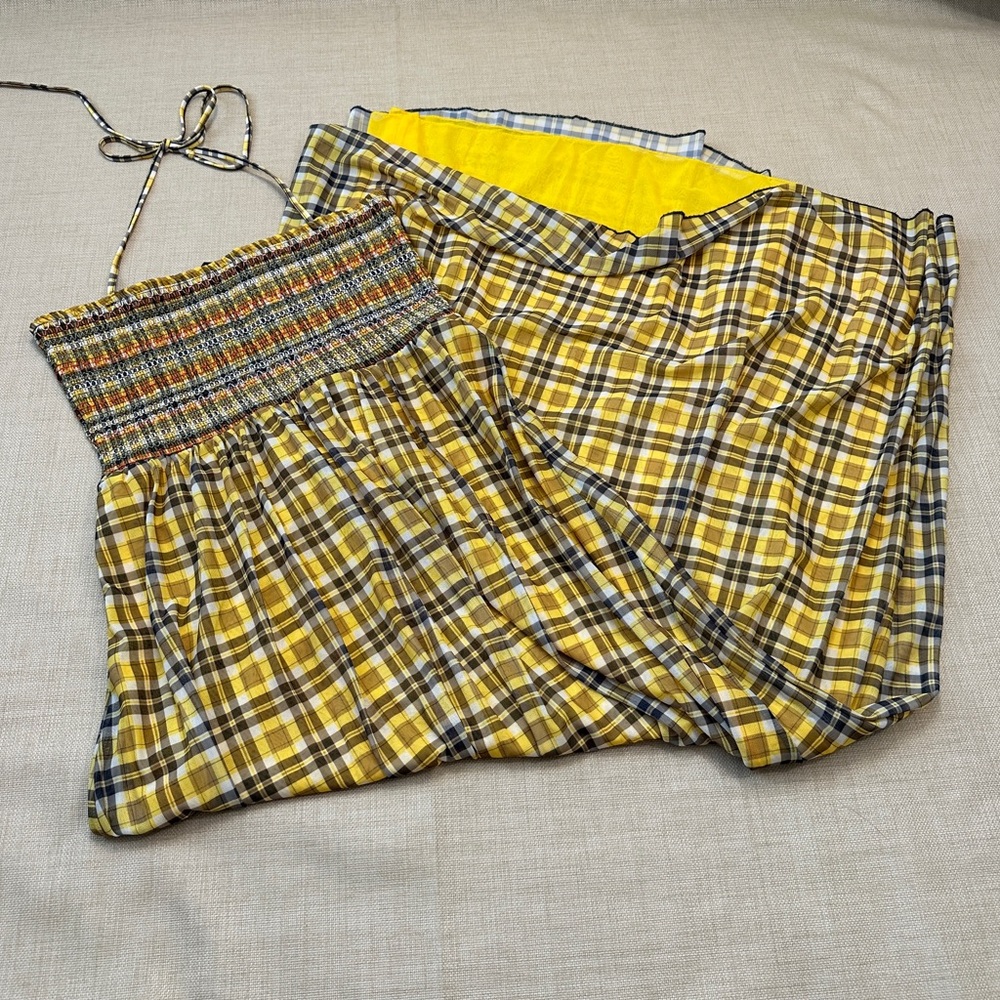 Zara Mesh 2 Layer Yellow & Brown Plaid Smocked Chest Maxi Dress